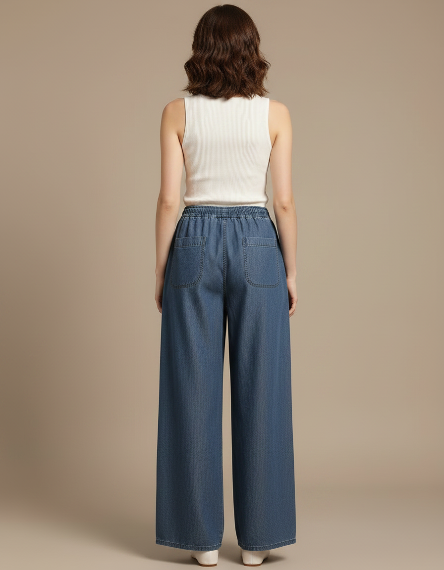 Pantalon Fluide Denim Ample Taille Haute Femme - Bleu Jean - vue 2