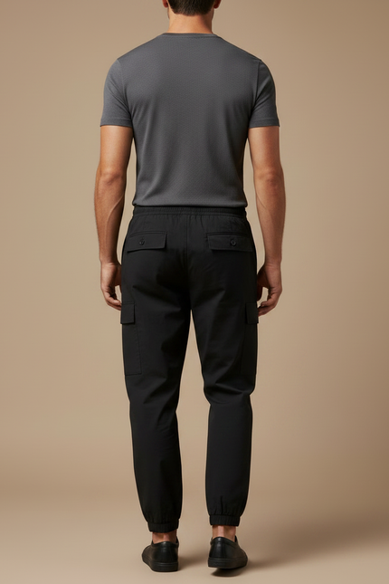 Pantalon Fluide Cargo Noir Cordon Ample Homme - Polyester - vue 2