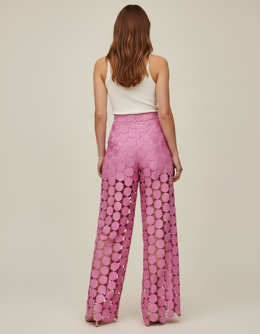 Pantalon Fluide Rose Évidé Polka Dot Ample Élégant - Polyester - vue 2