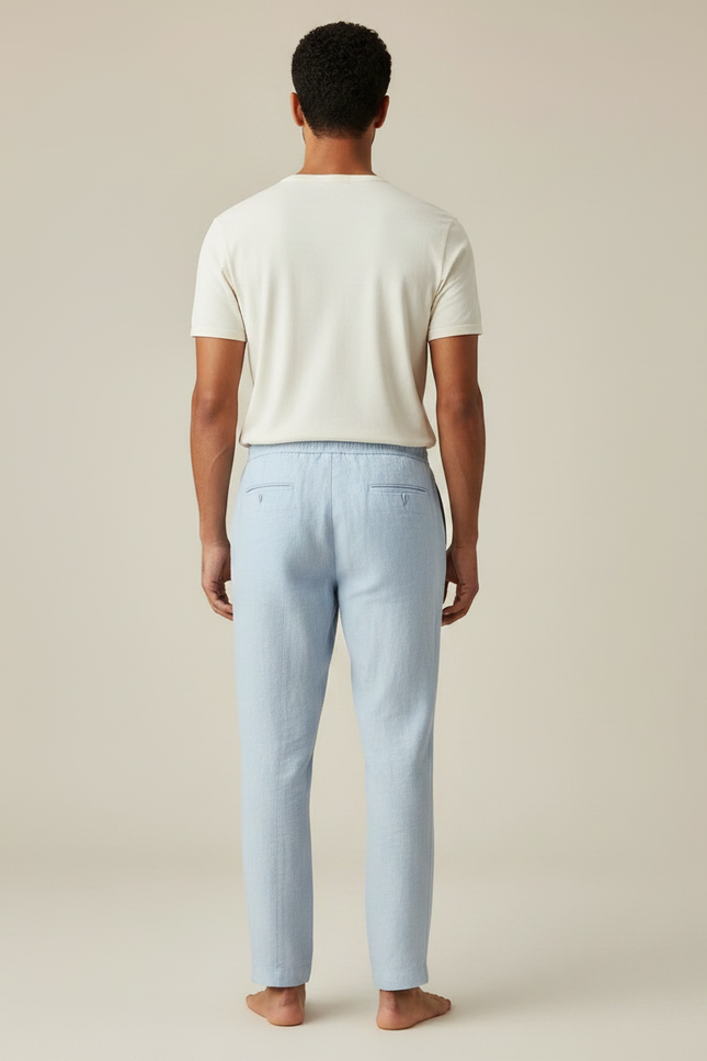 Pantalon Fluide Bleu Ciel Lin Cordon Homme Décontracté - vue 2