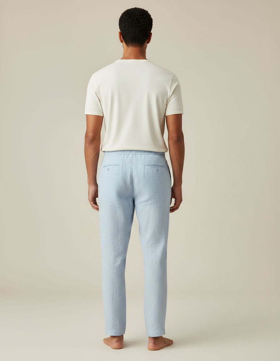 Pantalon Fluide Bleu Ciel Lin Cordon Homme Décontracté - vue 2