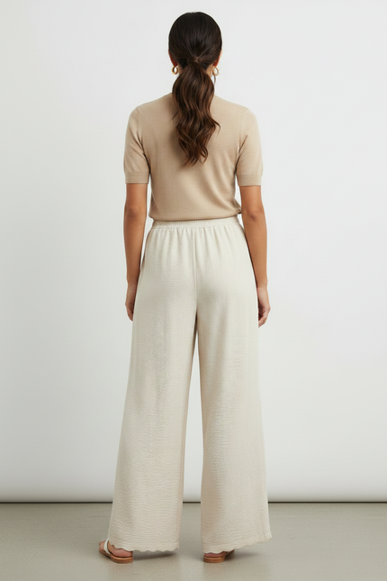 Pantalon Fluide Écru Ample Plissé Confortable Femme - Beige Viscose - vue 2