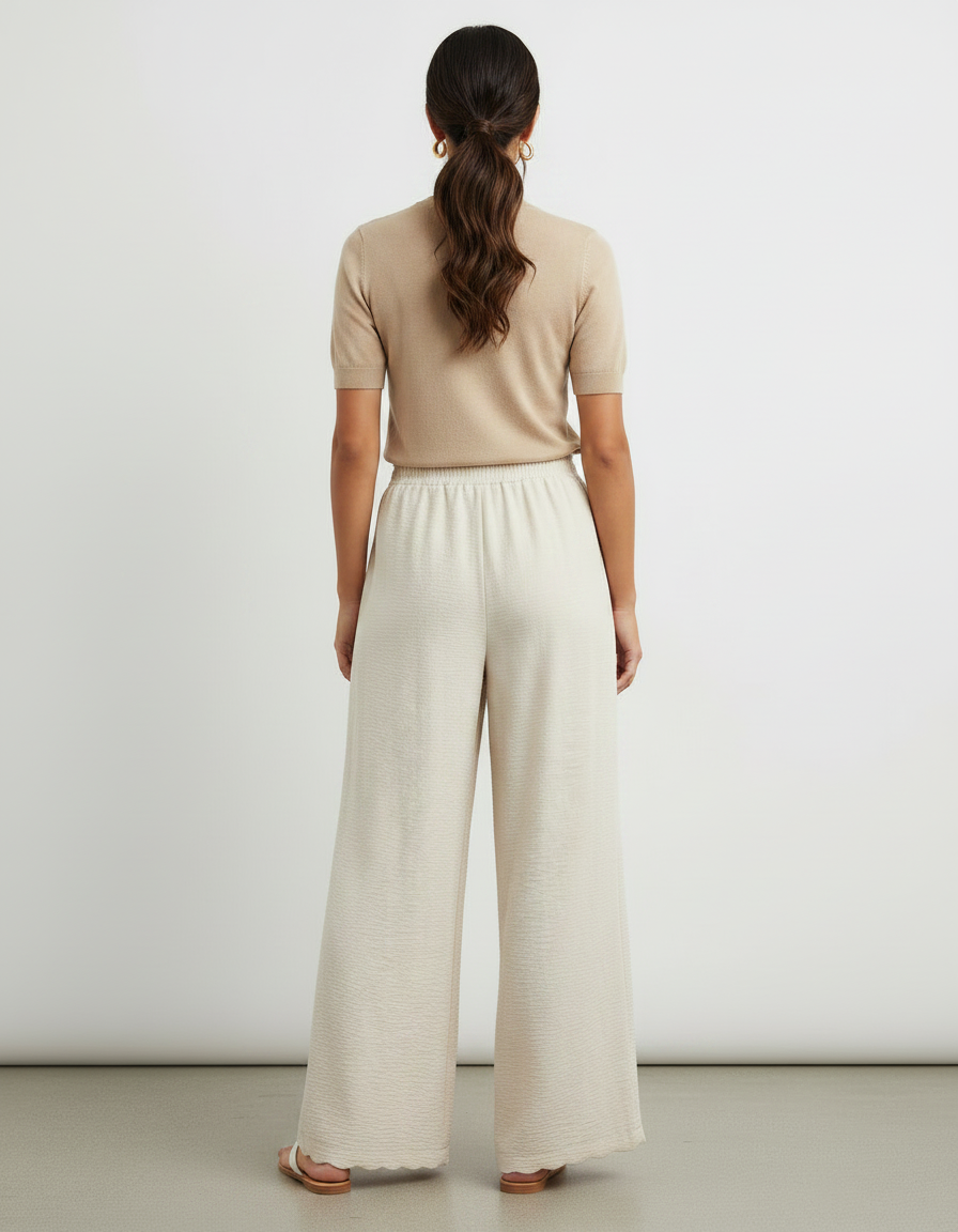 Pantalon Fluide Écru Ample Plissé Confortable Femme - Beige Viscose - vue 2