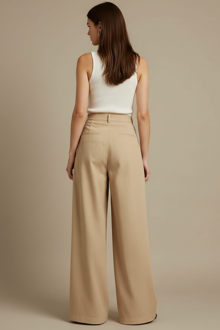 Pantalon Fluide Beige Coton Ample Plissé Décontracté - vue 2