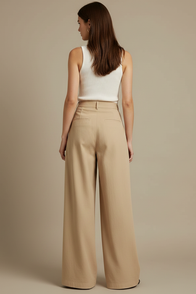 Pantalon Fluide Beige Coton Ample Plissé Décontracté - vue 2