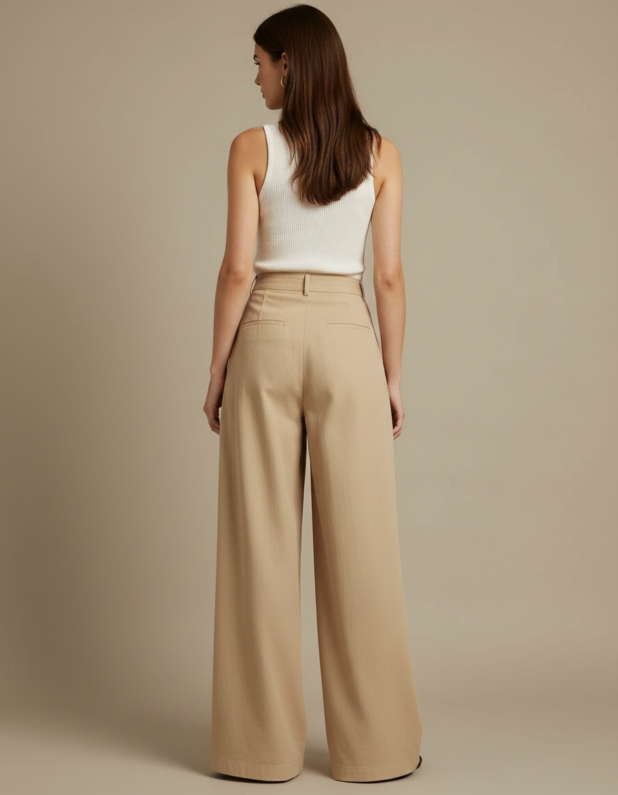 Pantalon Fluide Beige Coton Ample Plissé Décontracté - vue 2