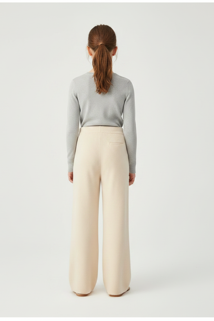 Pantalon Fluide Crème Laine Ample Tricoté Enfant - Beige Maille - vue 2