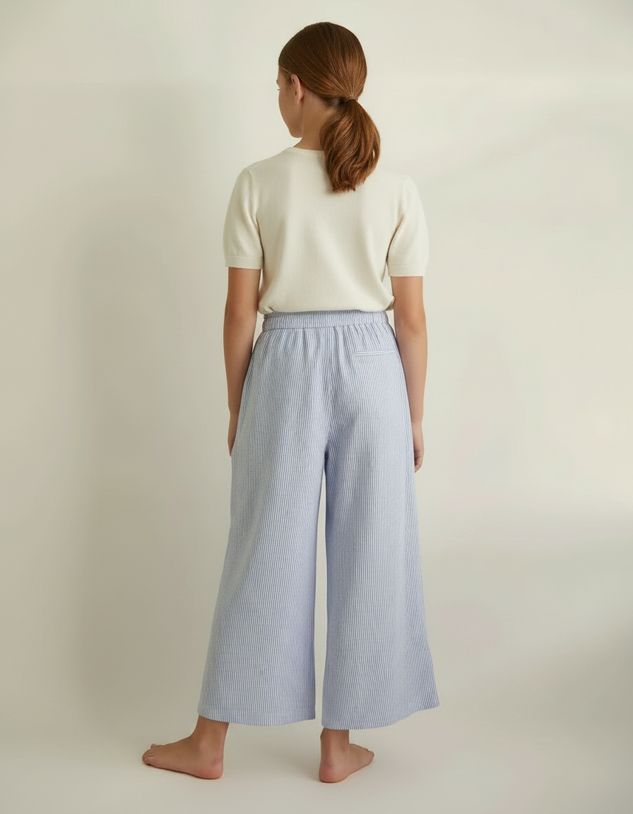 Pantalon Fluide Rayé Bleu Coton Ample Fille - vue 2
