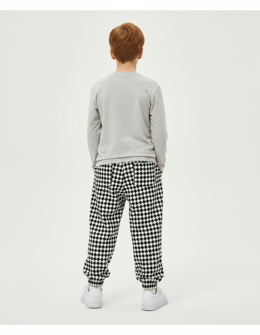 Pantalon Fluide Pied-de-poule Ample Décontracté Garçon Hiver - Imprimé Molleton - vue 2
