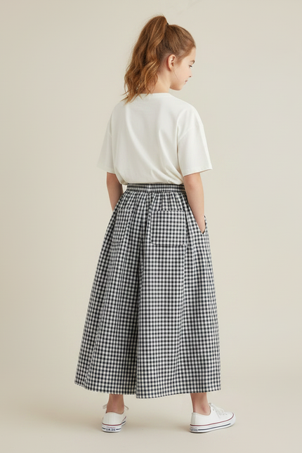 Pantalon Fluide Vichy Noir Blanc Ample Fille - Imprimé Coton - vue 2
