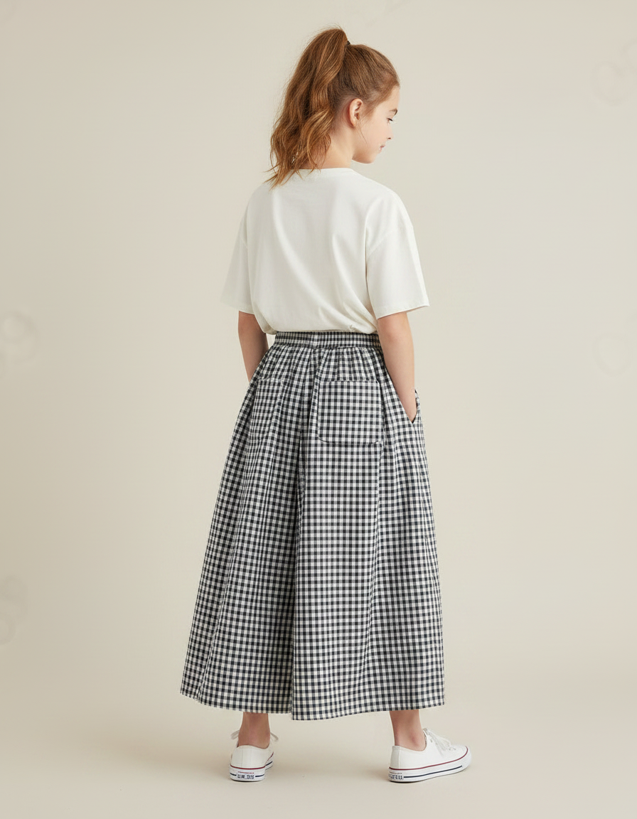 Pantalon Fluide Vichy Noir Blanc Ample Fille - Imprimé Coton - vue 2