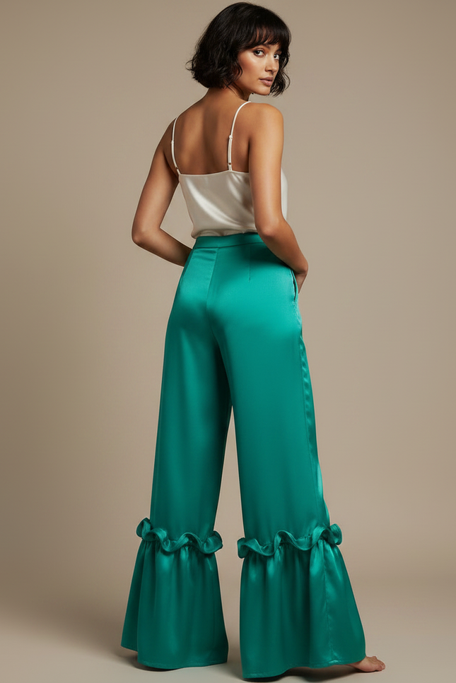 Pantalon Fluide Vert Émeraude Satin Volants Ample - vue 2