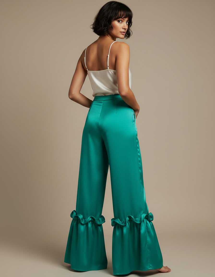 Pantalon Fluide Vert Émeraude Satin Volants Ample - vue 2