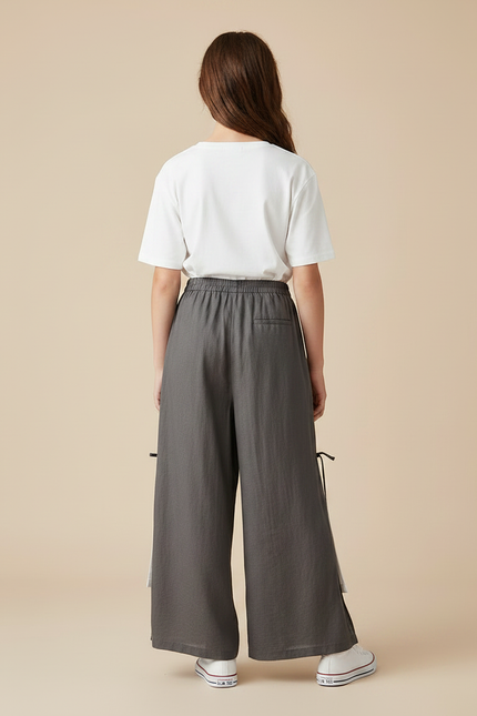 Pantalon Fluide Gris Ample Lin Coton Fille Décontracté - vue 2