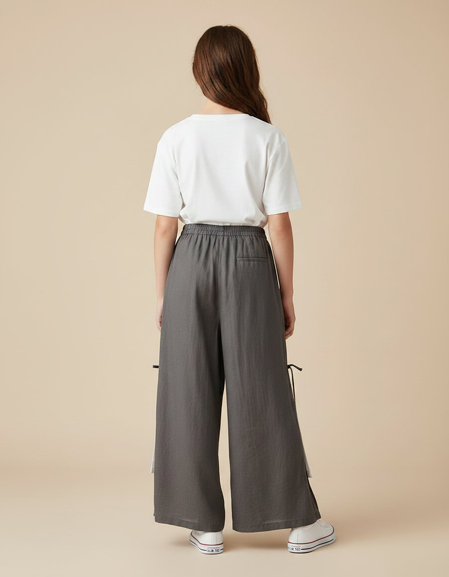 Pantalon Fluide Gris Ample Lin Coton Fille Décontracté - vue 2