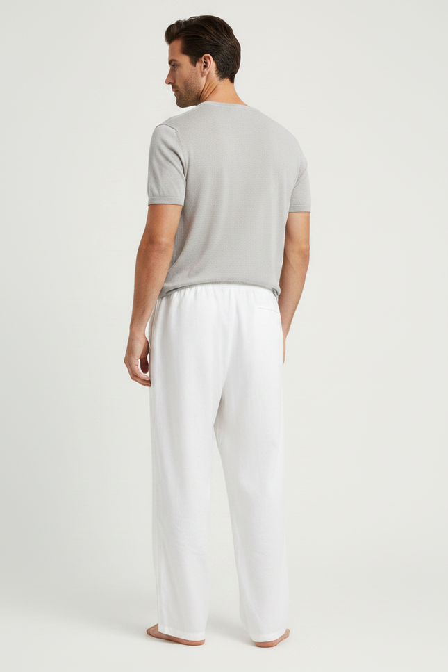 Pantalon Fluide Blanc Ample Lin Décontracté Homme Cordon - vue 2