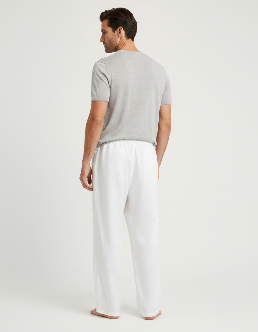 Pantalon Fluide Blanc Ample Lin Décontracté Homme Cordon - vue 2