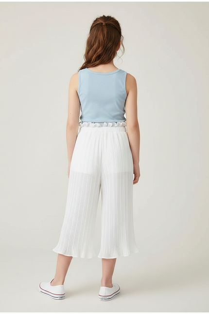 Pantalon Fluide Blanc Plissé Fille Léger Ceinture Froncée - Polyester - vue 2