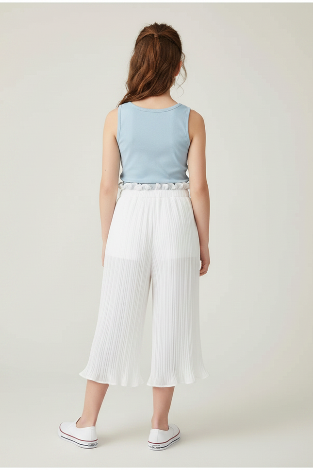 Pantalon Fluide Blanc Plissé Fille Léger Ceinture Froncée - Polyester - vue 2