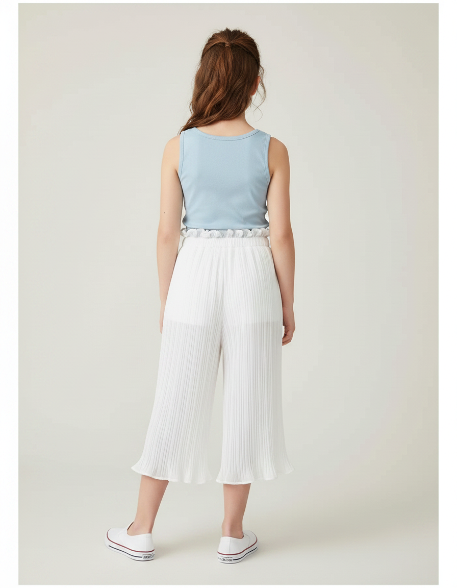 Pantalon Fluide Blanc Plissé Fille Léger Ceinture Froncée - Polyester - vue 2