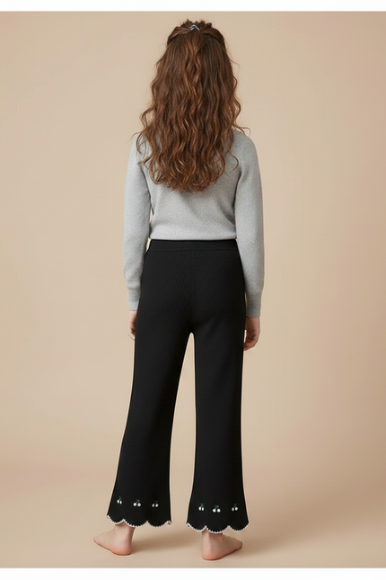 Pantalon Fluide Noir Côtelé Évasé Brodé Cerises Fille - Maille - vue 2