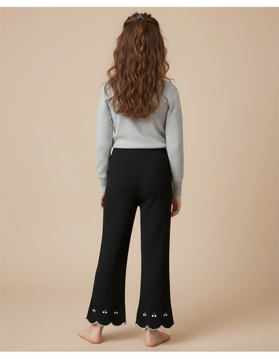 Pantalon Fluide Noir Côtelé Évasé Brodé Cerises Fille - Maille - vue 2