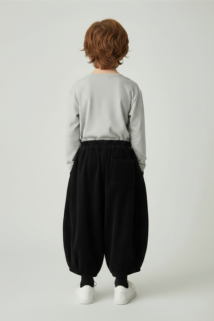 Pantalon Fluide Noir Côtelé Ample Rétro Enfant - Cordé - vue 2