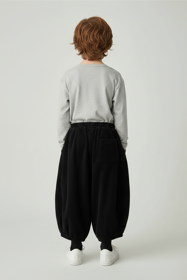 Pantalon Fluide Noir Côtelé Ample Rétro Enfant - Cordé - vue 2