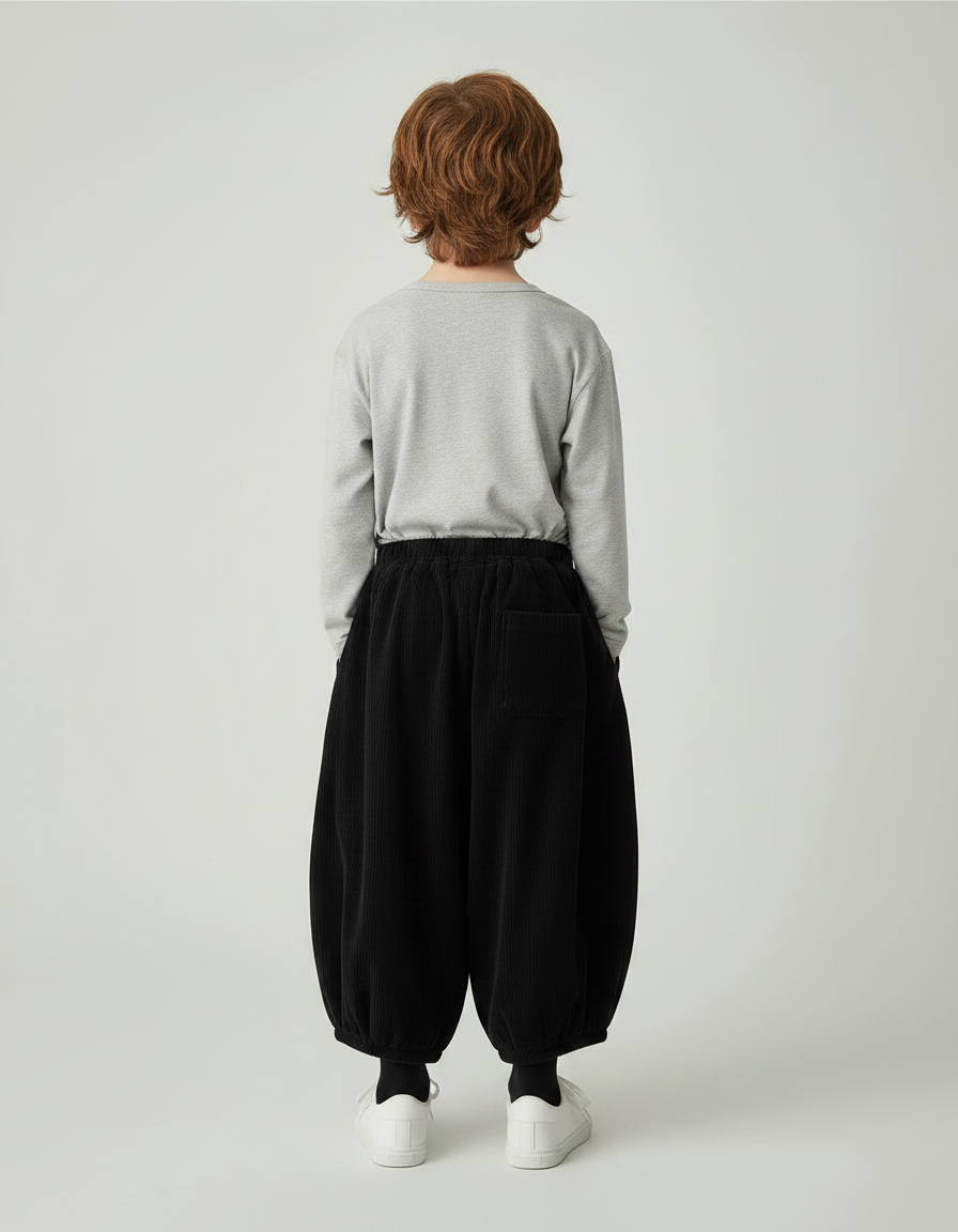 Pantalon Fluide Noir Côtelé Ample Rétro Enfant - Cordé - vue 2