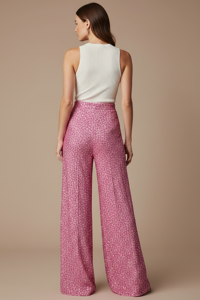 Pantalon Fluide Rose Pailleté Ample Élégant Scintillant - Polyester - vue 2
