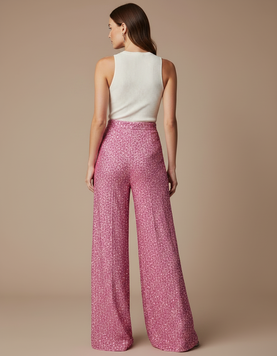 Pantalon Fluide Rose Pailleté Ample Élégant Scintillant - Polyester - vue 2