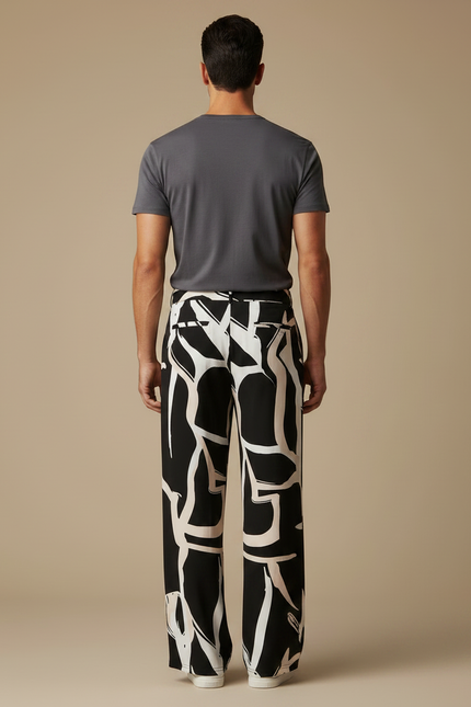 Pantalon Fluide Imprimé Abstrait Noir Blanc Ample - Viscose - vue 2