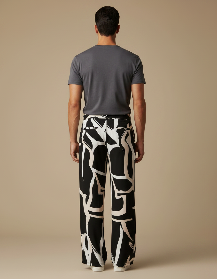 Pantalon Fluide Imprimé Abstrait Noir Blanc Ample - Viscose - vue 2