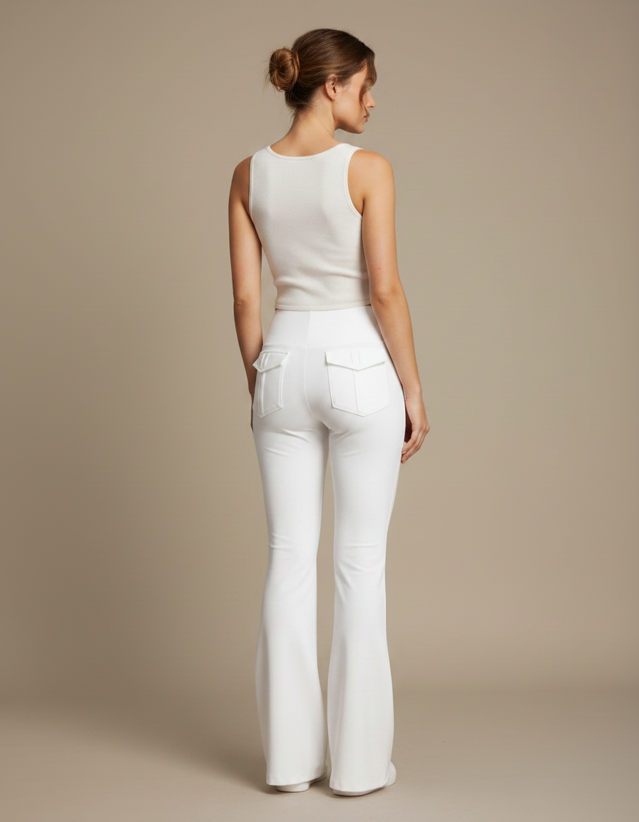 Pantalon Fluide Blanc Taille Haute Évasé Poches Yoga - Maille - vue 2