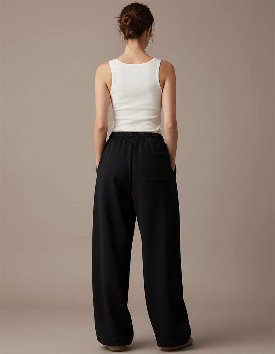 Pantalon Fluide Noir Ample Décontracté Cordon Brodé - Molleton - vue 2