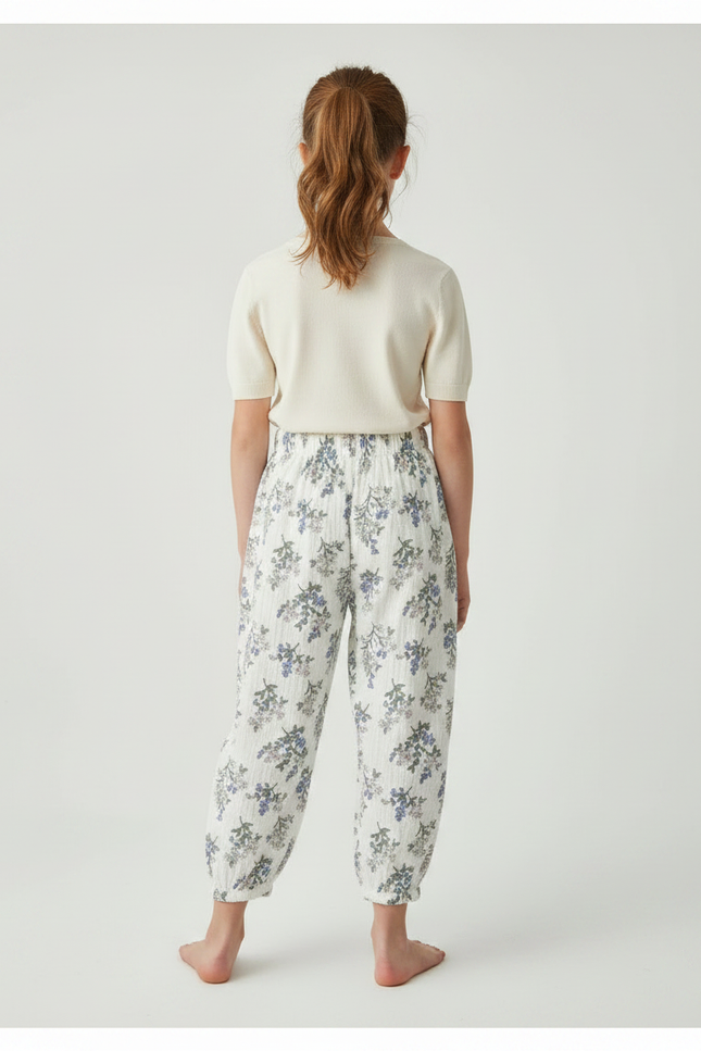 Pantalon Fluide Blanc Imprimé Floral Ample Coton - vue 2