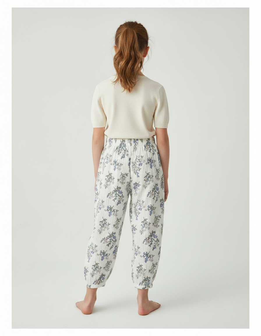Pantalon Fluide Blanc Imprimé Floral Ample Coton - vue 2