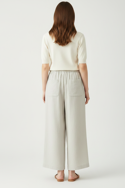 Pantalon Fluide Beige Large Décontracté Lin Cordon - vue 2