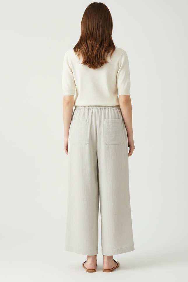 Pantalon Fluide Beige Large Décontracté Lin Cordon - vue 2