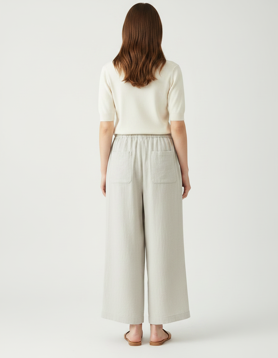 Pantalon Fluide Beige Large Décontracté Lin Cordon - vue 2