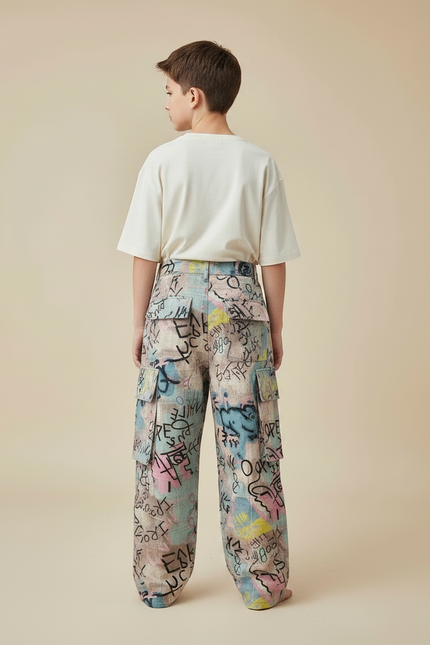 Pantalon Fluide Graffiti Ample Coloré Streetwear Enfant - Multicolore Lin - vue 2
