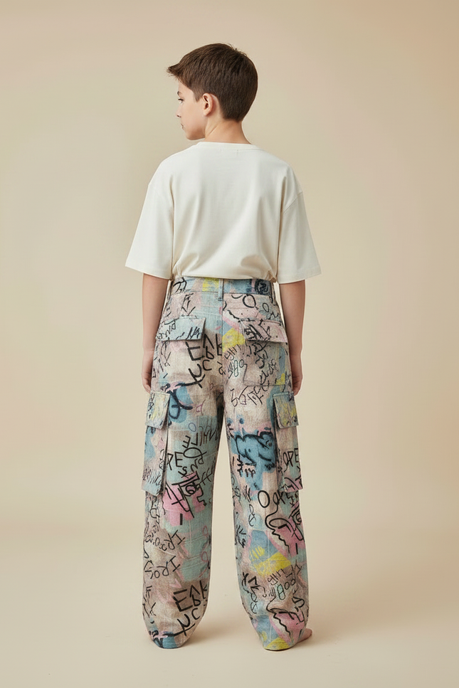 Pantalon Fluide Graffiti Ample Coloré Streetwear Enfant - Multicolore Lin - vue 2