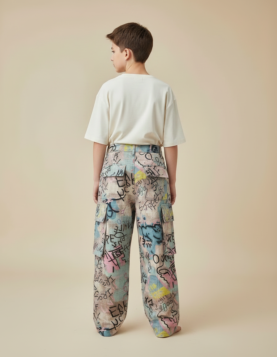 Pantalon Fluide Graffiti Ample Coloré Streetwear Enfant - Multicolore Lin - vue 2