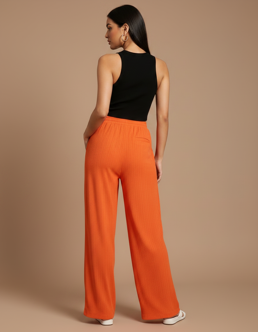 Pantalon Fluide Orange Ample Côtelé Cordon Décontracté - Maille - vue 2