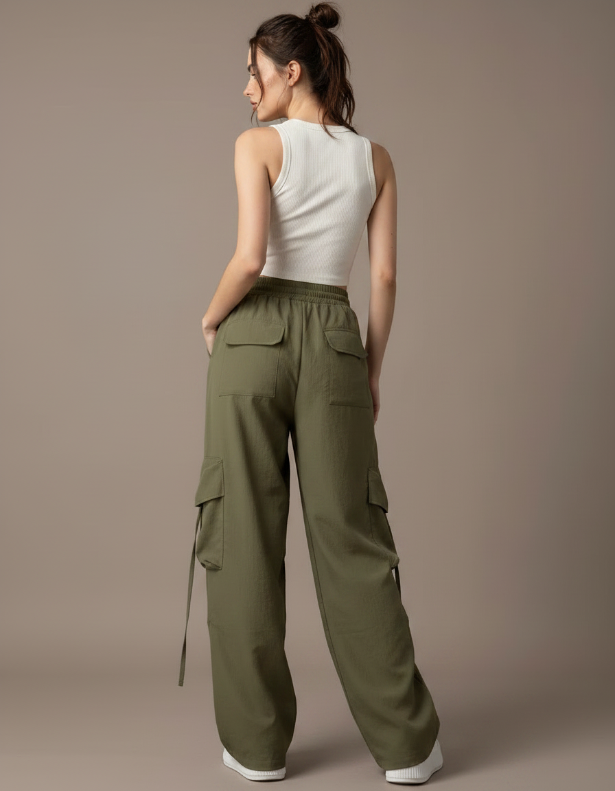Pantalon Fluide Kaki Ample Cargo Femme - Toile - vue 2