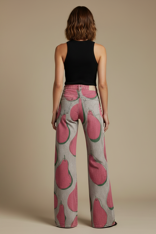 Pantalon Fluide Imprimé Poires Taille Haute Large - Jean - vue 2