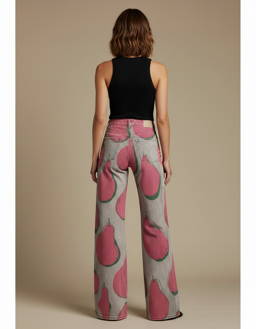 Pantalon Fluide Imprimé Poires Taille Haute Large - Jean - vue 2