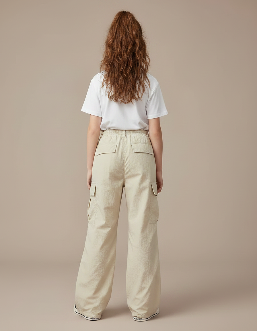 Pantalon Fluide Beige Cargo Ample Décontracté Fille - Polyester - vue 2