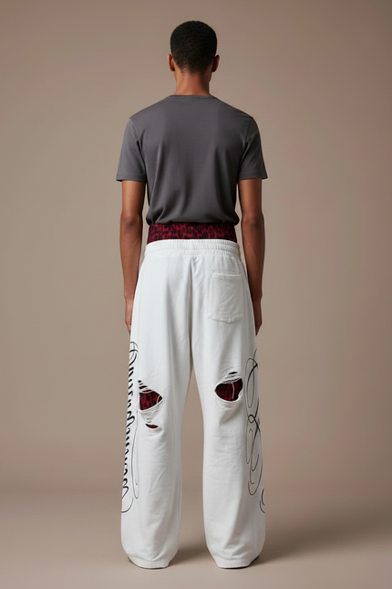 Pantalon Fluide Blanc Imprimé Graffiti Ample Déchiré Homme - Molleton - vue 2