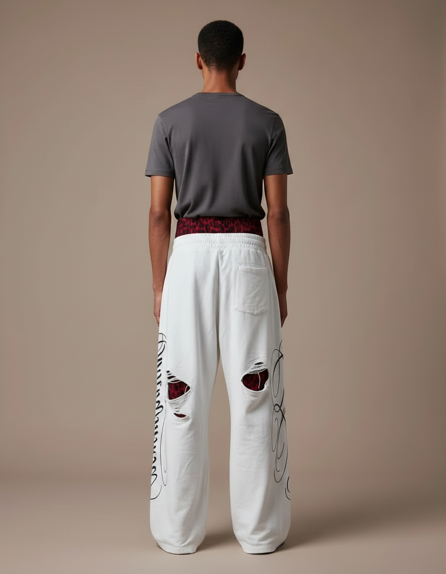 Pantalon Fluide Blanc Imprimé Graffiti Ample Déchiré Homme - Molleton - vue 2